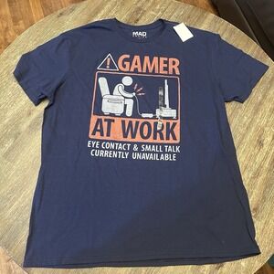 Mad Engine Gamer At Work Graphic T Shirt Men's XL NWT Funny Gaming Navy Tee